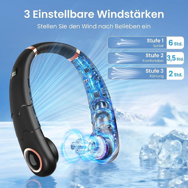 YAZEKY Tragbarer USB Nackenventilator Leise - 360° Kühlung Hals Ventilator mit LCD Display, 3 Geschw