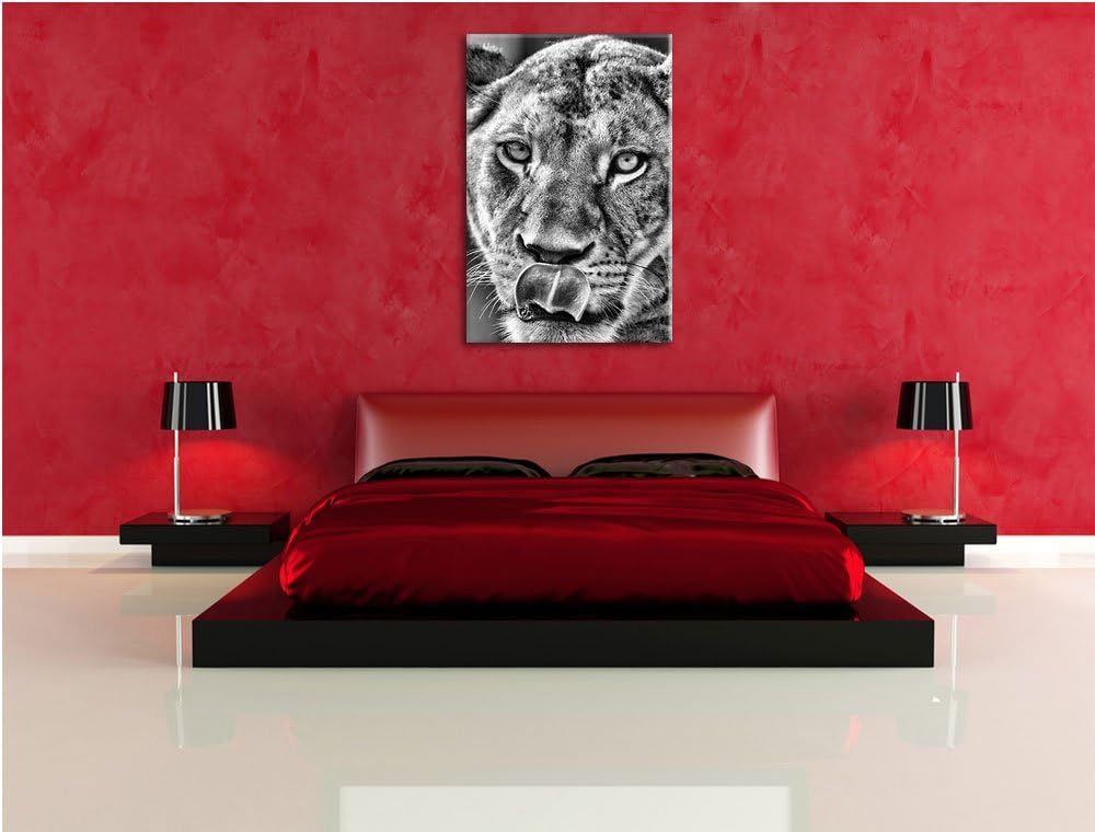 Monocrome, anmutige Löwin, Format: 100x70 auf Leinwand, XXL riesige Bilder fertig gerahmt mit Keilra
