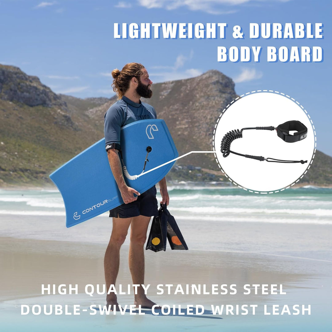 Body Boards for Beach Lightweight Durable Body Board with EPS Core Dual Channel Double Swivel Coiled