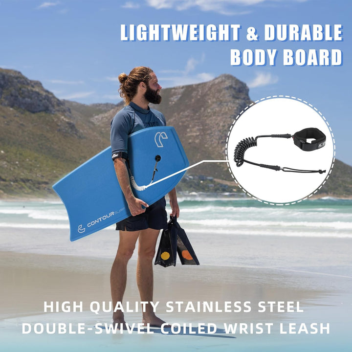Body Boards for Beach Lightweight Durable Body Board with EPS Core Dual Channel Double Swivel Coiled