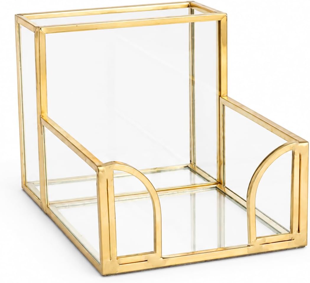 Feyarl Glas Stiftehalter mit Notizzettel Fach Schreibtisch Organizer aus Glas mit Goldfarbenem Metal