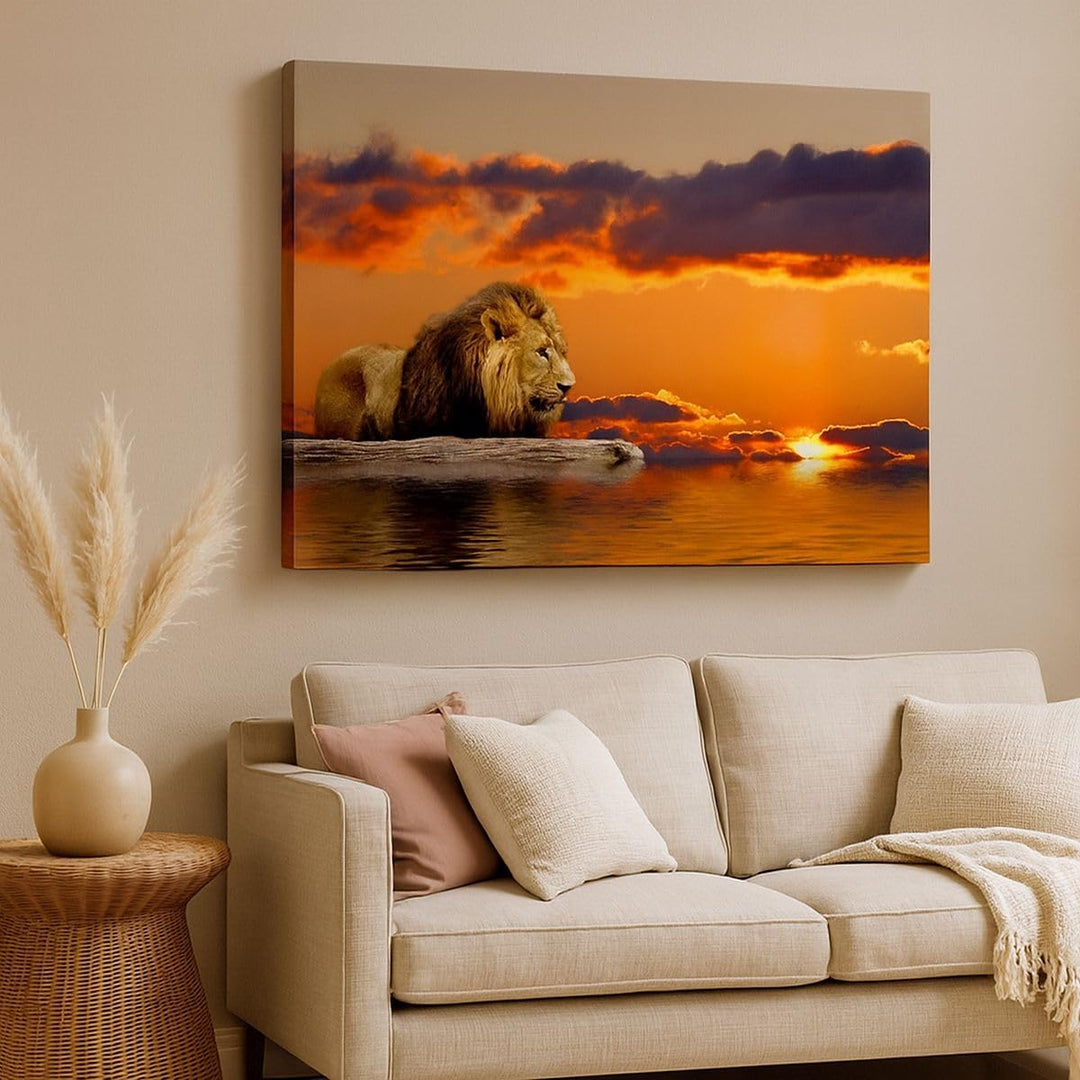 ARTTOR Bilder auf Leinwand Löwe Sonne Landschaft Leinwandbild 70x50cm Wandbilder Dekoration Wohnzimm