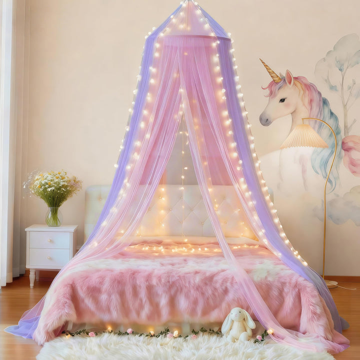 Eimilaly Zweifarbiger Betthimmel Moskitonetz rosa lila mit warmen Lichtern, Betthimmel für Mädchen Z