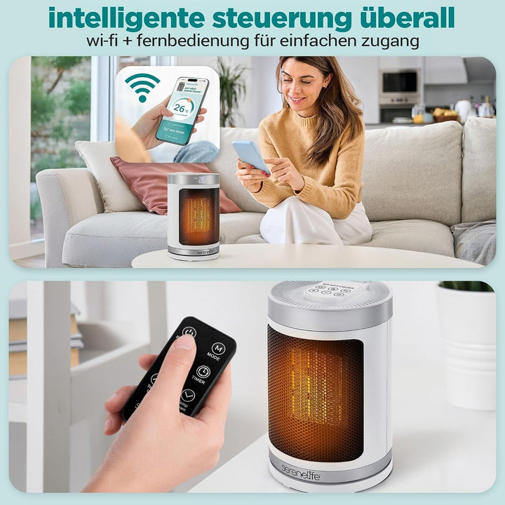 SereneLife Smart Heizlüfter 1500W PTC Keramik, Leise &amp; Energiesparend, WiFi Thermostat, Fernbedienun