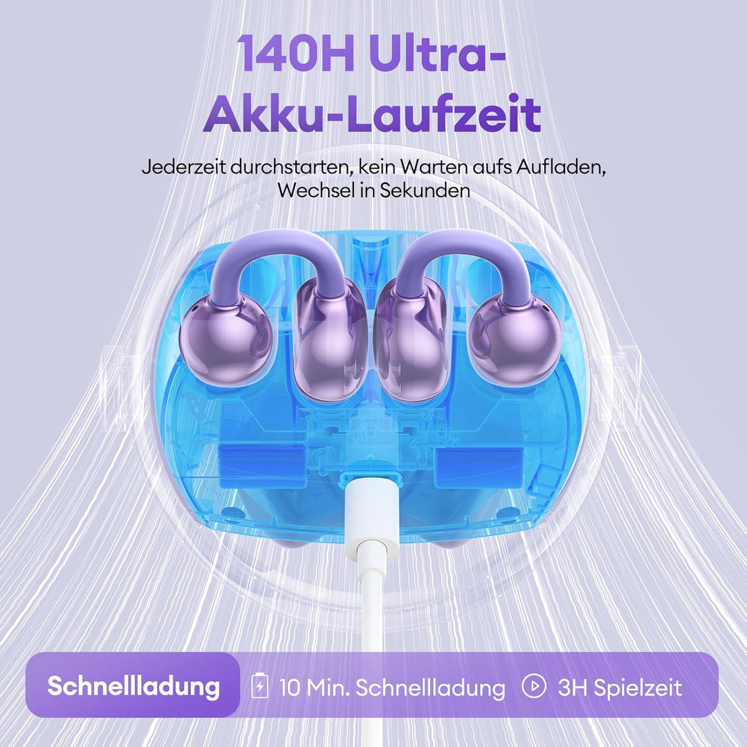 PAXA 2-in-1 Doppel-Set Clip On Kopfhörer Open Ear Kopfhörer Bluetooth 6.0 0ms Verzögerung, 140H Spie