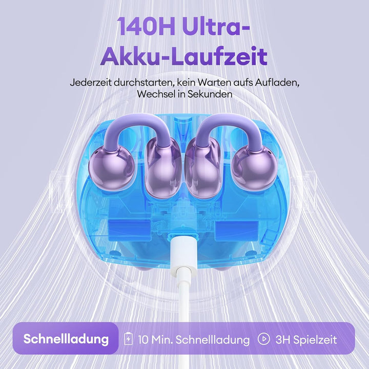 PAXA 2-in-1 Doppel-Set Clip On Kopfhörer Open Ear Kopfhörer Bluetooth 6.0 0ms Verzögerung, 140H Spie