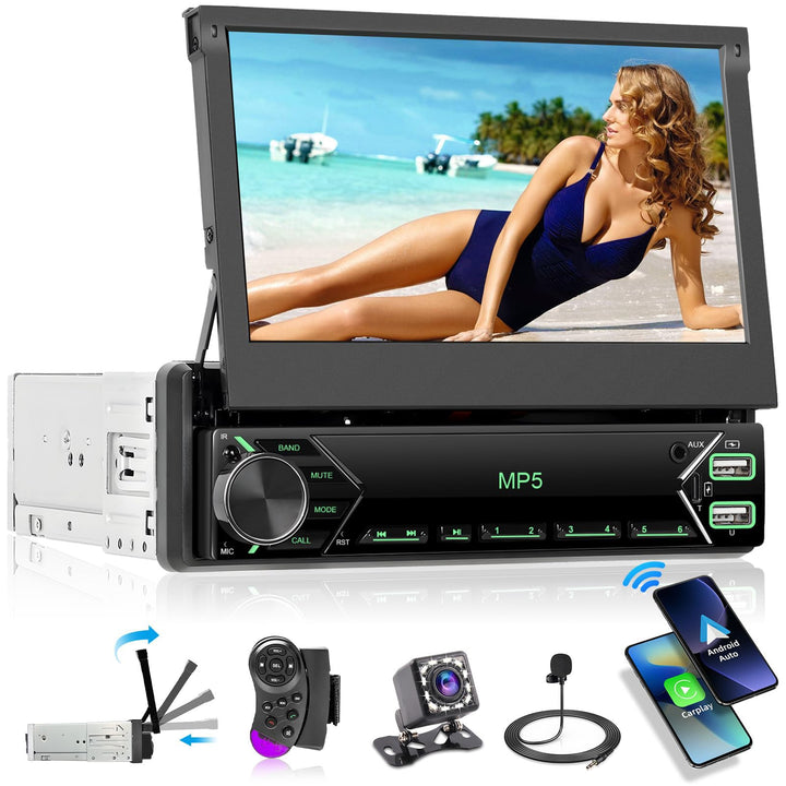 Hikity 1 Din Autoradio mit 7 Zoll Flip Out Motorisierte Touchscreen Autoradio mit Bluetooth Radio Rü