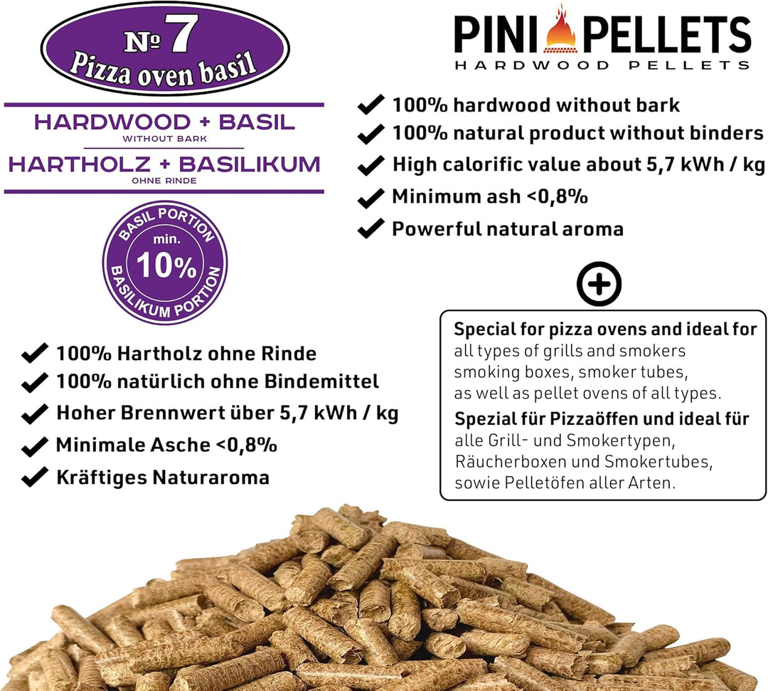 PINI Hartholzpellets № 7 BBQ Pizza Oven Basilikum 10 Kg Grillpellets zum Grillen Räuchern Smoken