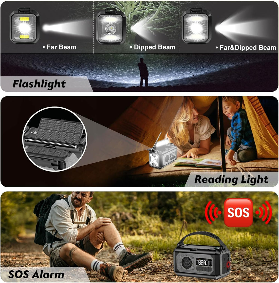 12000mAh Kurbelradio mit Handyladefunktion, Solar Radio mit 2 Sonnenkollektoren, AM/FM Tragbar Notfa