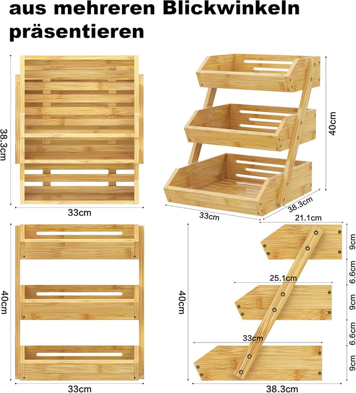 ADEL DREAM Bambus-Obstkorb 3-stöckiger Servierkorb Obstschale und Natürliches Aufbewahrungskorb-Rega