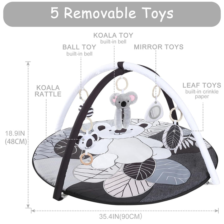 4 IN 1 Spielbogen Baby, Schwarz und weiss Spielmatte Babies mit 5 abnehmbaren Spielzeugen zum Greife