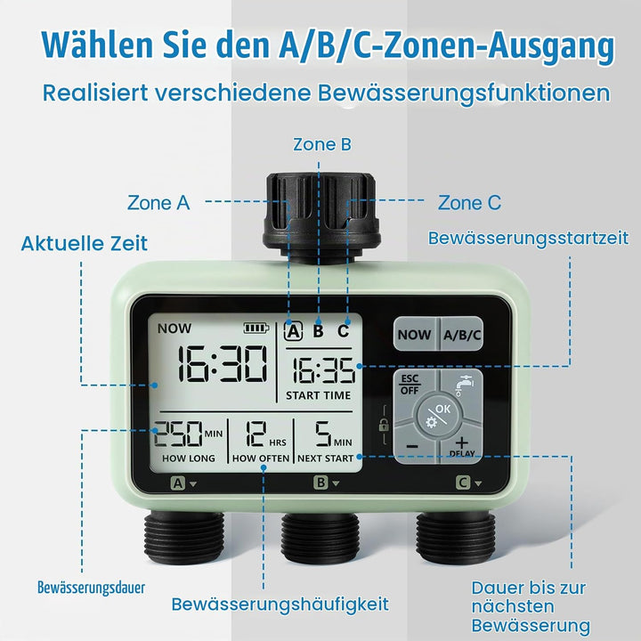 CROSOFMI Bewässerungscomputer 3 Ausgänge Garten Wasser zeitschaltuhr automatische bewässerung/LCD-Bi