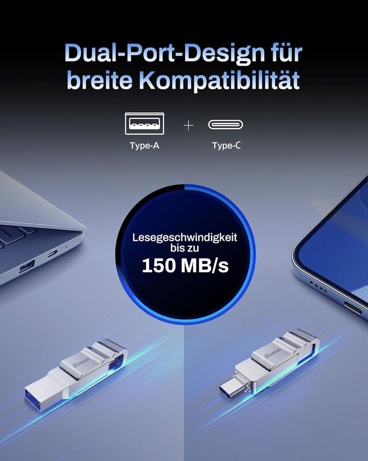Biwin USB-Stick UD150 128GB USB 3.2 Gen1, bis zu 150 MB/s, mit Dual-Anschluss (Typ-A & Typ-C) für PC