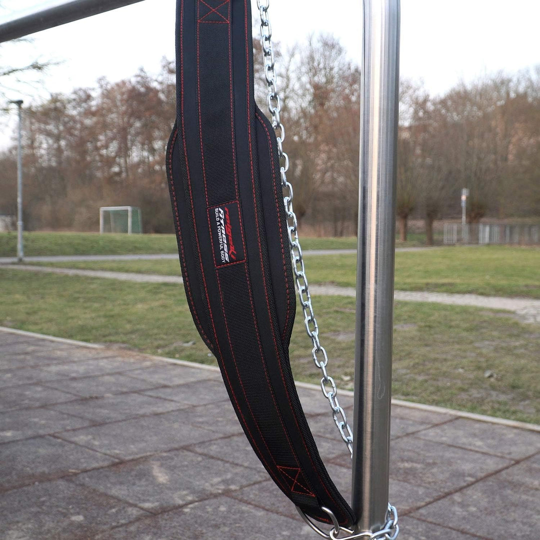 Raigeki Fitness Dip Gürtel mit Kette, 106cm Stahlkette, (+ Trainingspläne) - Gewichte Gürtel für Kra