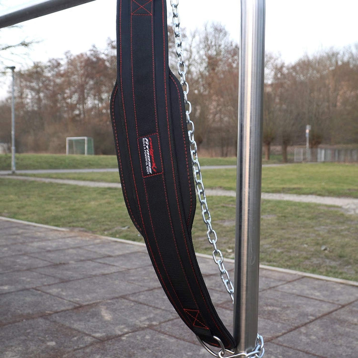 Raigeki Fitness Dip Gürtel mit Kette, 106cm Stahlkette, (+ Trainingspläne) - Gewichte Gürtel für Kra