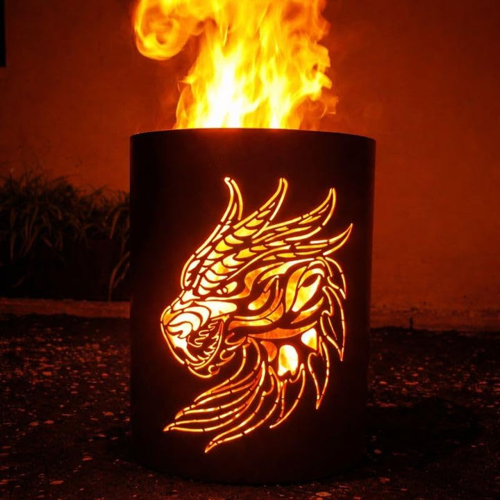 TiKo-Design Feuertonne - Lagerfeuertonne - Feuerkorb mit Drachen Motiv – Verleihen Sie Ihrem Garten