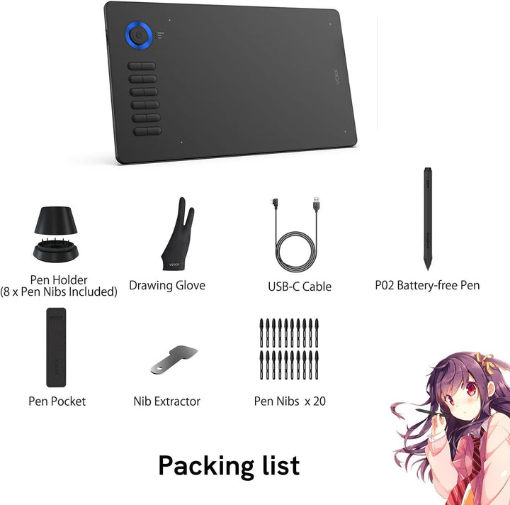 Grafiktablett für PC VEIKK A15 Pro, 10x6 Zoll Zeichentablett mit batterielosem Stift und 12 Express-