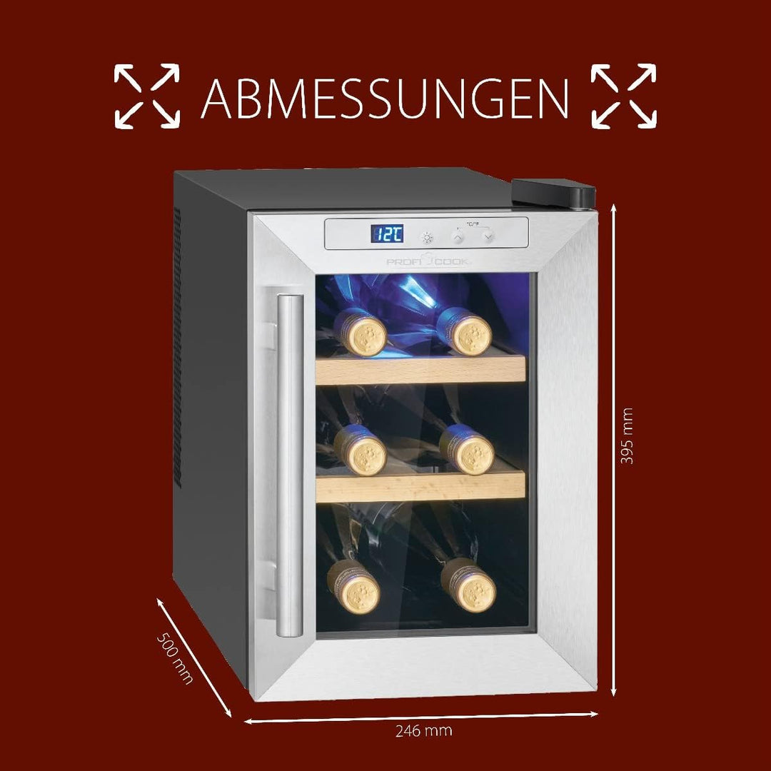ProfiCook® Weinkühlschrank für 6 Flaschen, Getränkekühlschrank mit UV-beständiger Glastür, Weinkühle