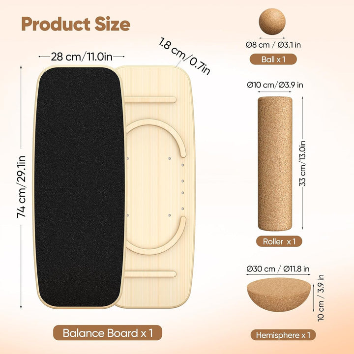 8-in-1 Balance Board Erwachsene,Holz Balance Board Set Mit Korkrolle,Kork Halbkugel und Woodball,Bal