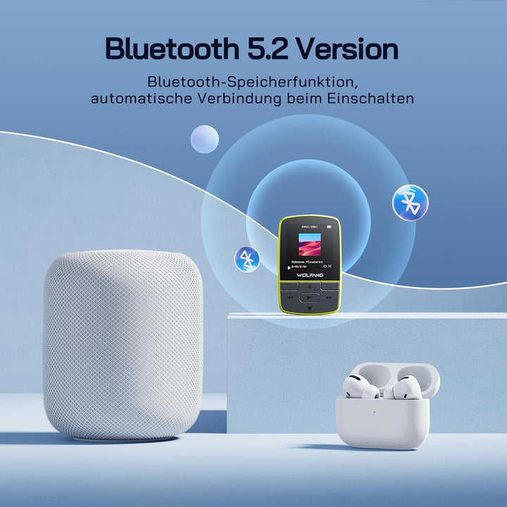 WOLFANG MP3-Player mit Bluetooth 5.2, Sportclip, Mini-Grösse, Gewicht 28,3 g, HiF-FM-Radio, Diktierg