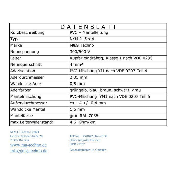 M&G Techno 10m NYM-J 5x4 mm² Mantelleitung Feuchtraumkabel Elektrokabel Kupfer Made in Germany, 10m