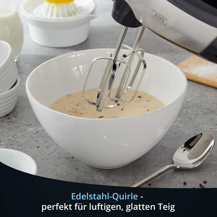 KHG Elektrischer Handmixer HM-305 SE Edelstahl 300 Watt | Handrührer mit 5 Geschwindigkeiten und Tur