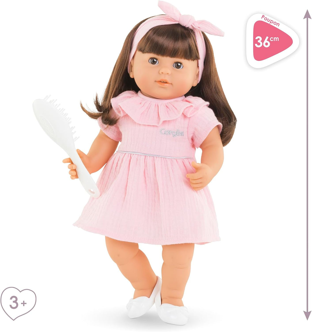 Corolle Mon Grand Poupon Julie, 36cm Weichkörperpuppe mit langem braunen Haar, inkl. Bürste, Schlafa