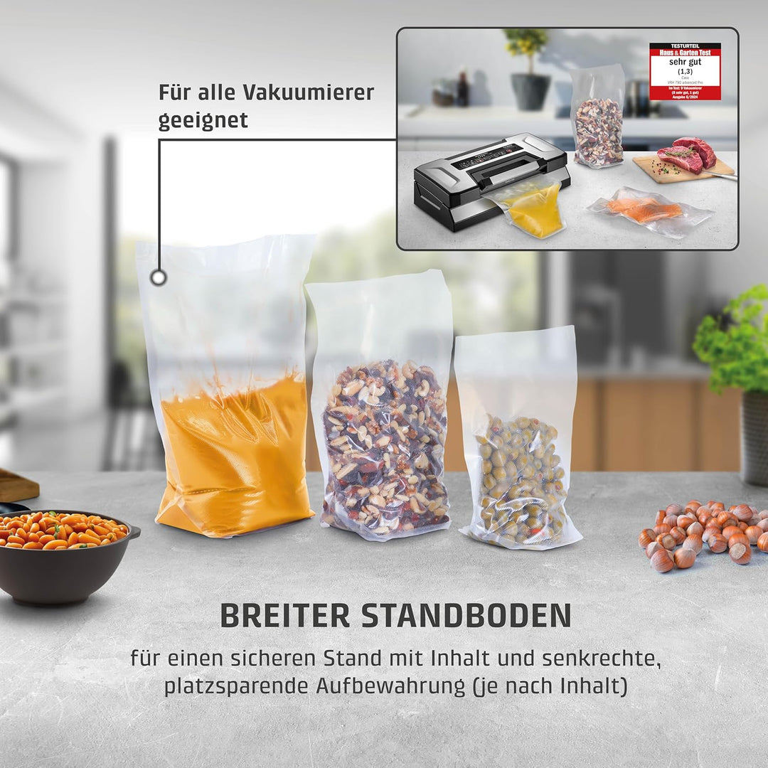 CASO Profi- Standbeutel Set/Vakuumbeutel mit Standboden, ideal für das Vakuumieren von Flüssigkeiten