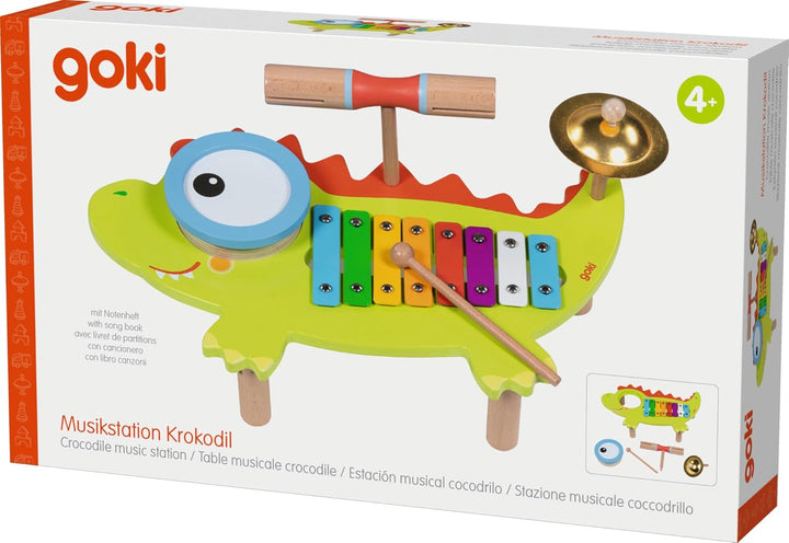 goki 61854 - Musikstation Krokodil aus Holz und Metall, Bunte Instrumente wie Xylophone und Becken,