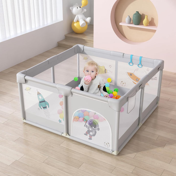 Laufstall 127x127cm Mit 50 Spielbällen, Krabbelgitter Und 4 Zugringen - Tragbarer Baby Playpen, Grau