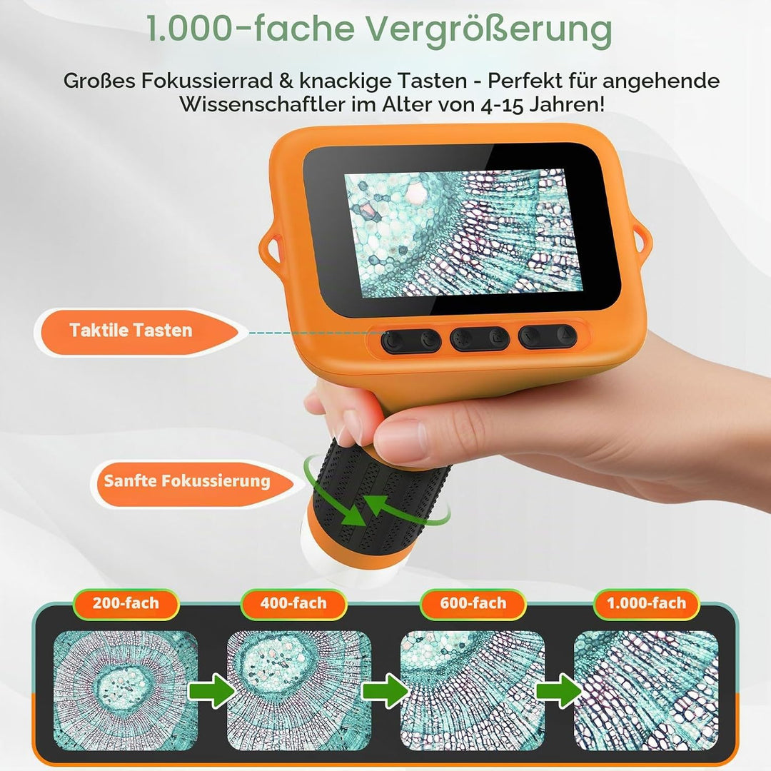 1000X Handheld Digitales Mikroskop für Kinder, 3-Zoll-HD-Bildschirm, Wiederaufladbar, Tragbare Lupe