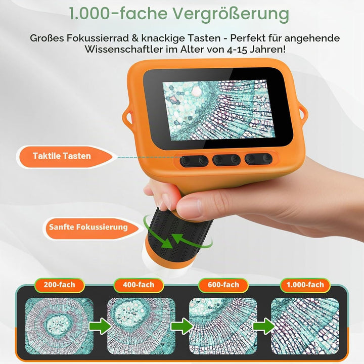 1000X Handheld Digitales Mikroskop für Kinder, 3-Zoll-HD-Bildschirm, Wiederaufladbar, Tragbare Lupe