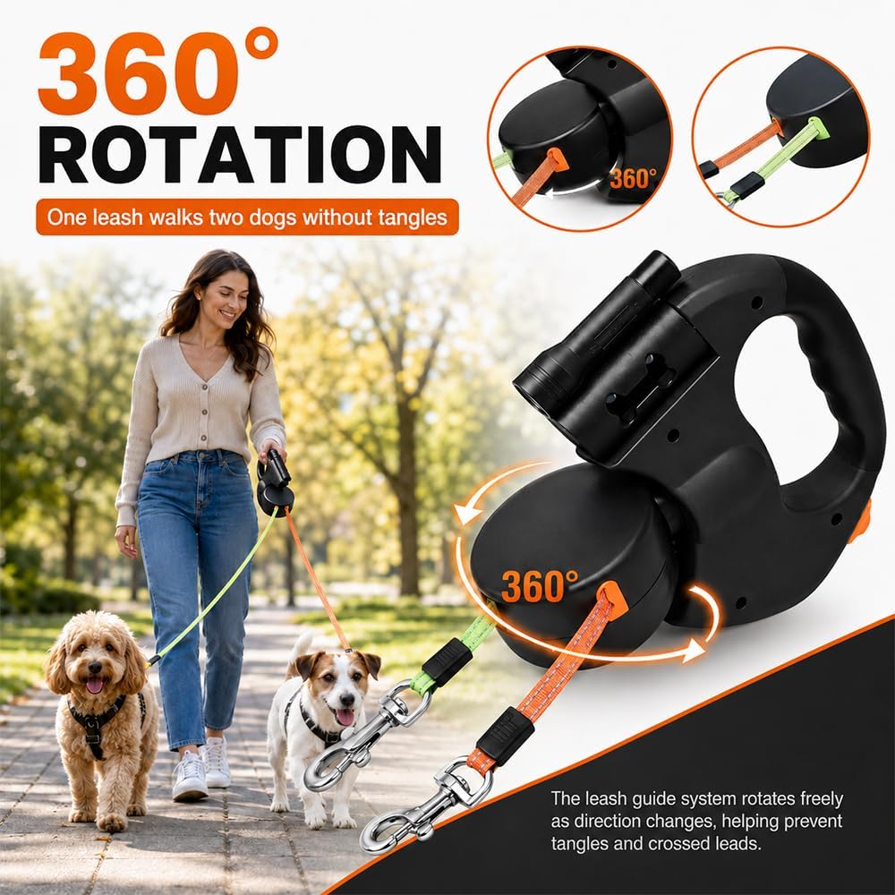 Doppelte Einziehbare Hundeleine, 3M Flexible Einziehbare Hundeleine Doppelleine fur Zwei Hunde mit L