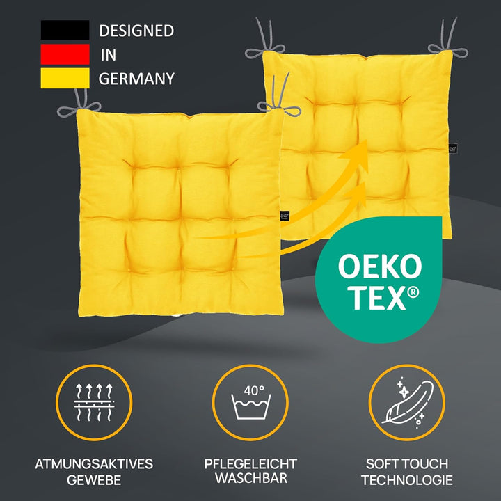 LILENO HOME 2er Set Stuhlkissen 02 Gelb (40x40x6 cm) - Sitzkissen für Garten, Küche oder Esszimmer -