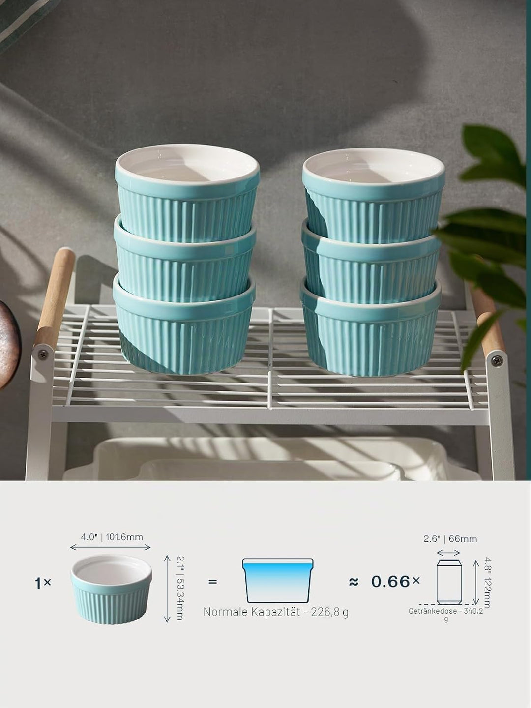 DOWAN Creme Brulee Schälchen Set, 6X 235ml Antihaft Souffle Förmchen Backofenfest, Porzellan Ramekin
