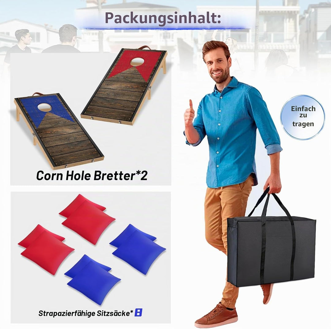NZQXJXZ Cornhole Spiel Set aus Massivholz – 120 x 55 cm Faltbare Cornhole Bretter mit 8 Sitzsäcken u