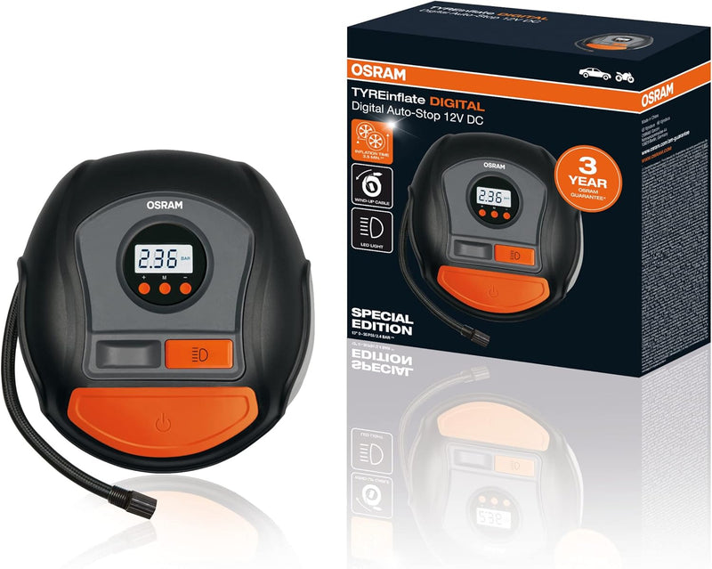 OSRAM TYREinflate DIGITAL, 12V Luftkompressor, tragbarer Kompressor, Auto-Stopp, LED Licht, elektris