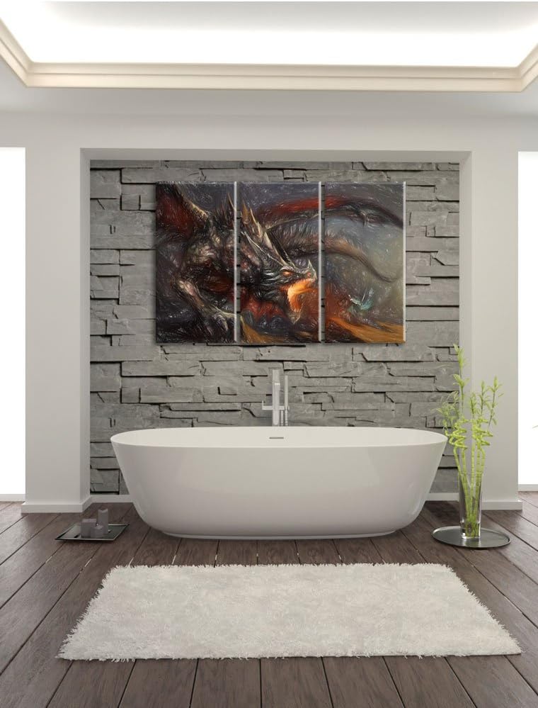 Pixxprint Kampf zwischen Mensch und Drache Bunstift Effekt 3-Teiler Leinwandbild 120x80 Bild auf Lei