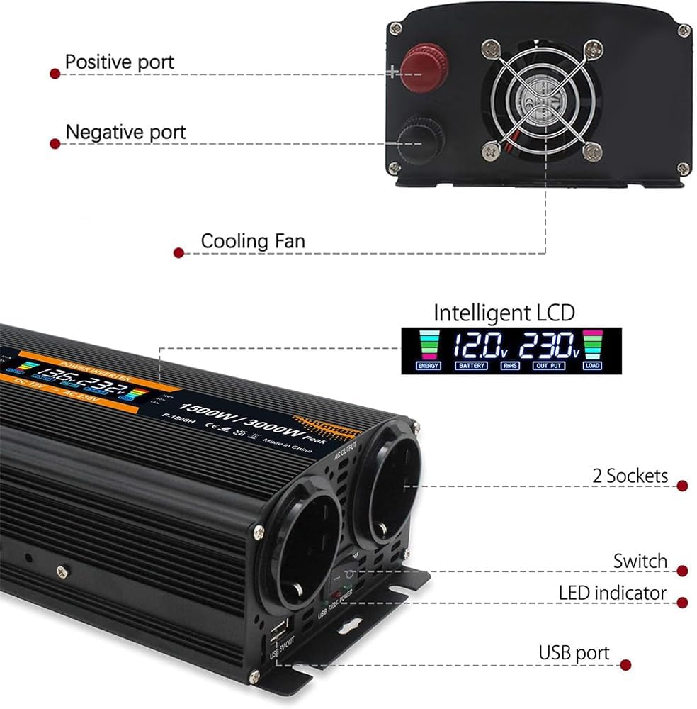 Spannungswandler 12V 230V 1500W 3000 Watt Wechselrichter LCD | stromumwandler mit 2 Steckdose
