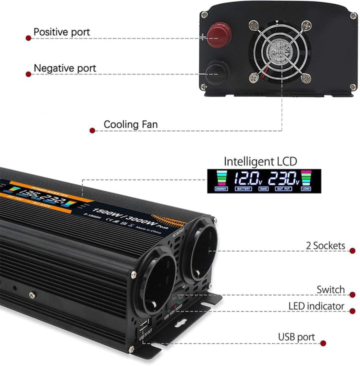 Spannungswandler 12V 230V 1500W 3000 Watt Wechselrichter LCD | stromumwandler mit 2 Steckdose