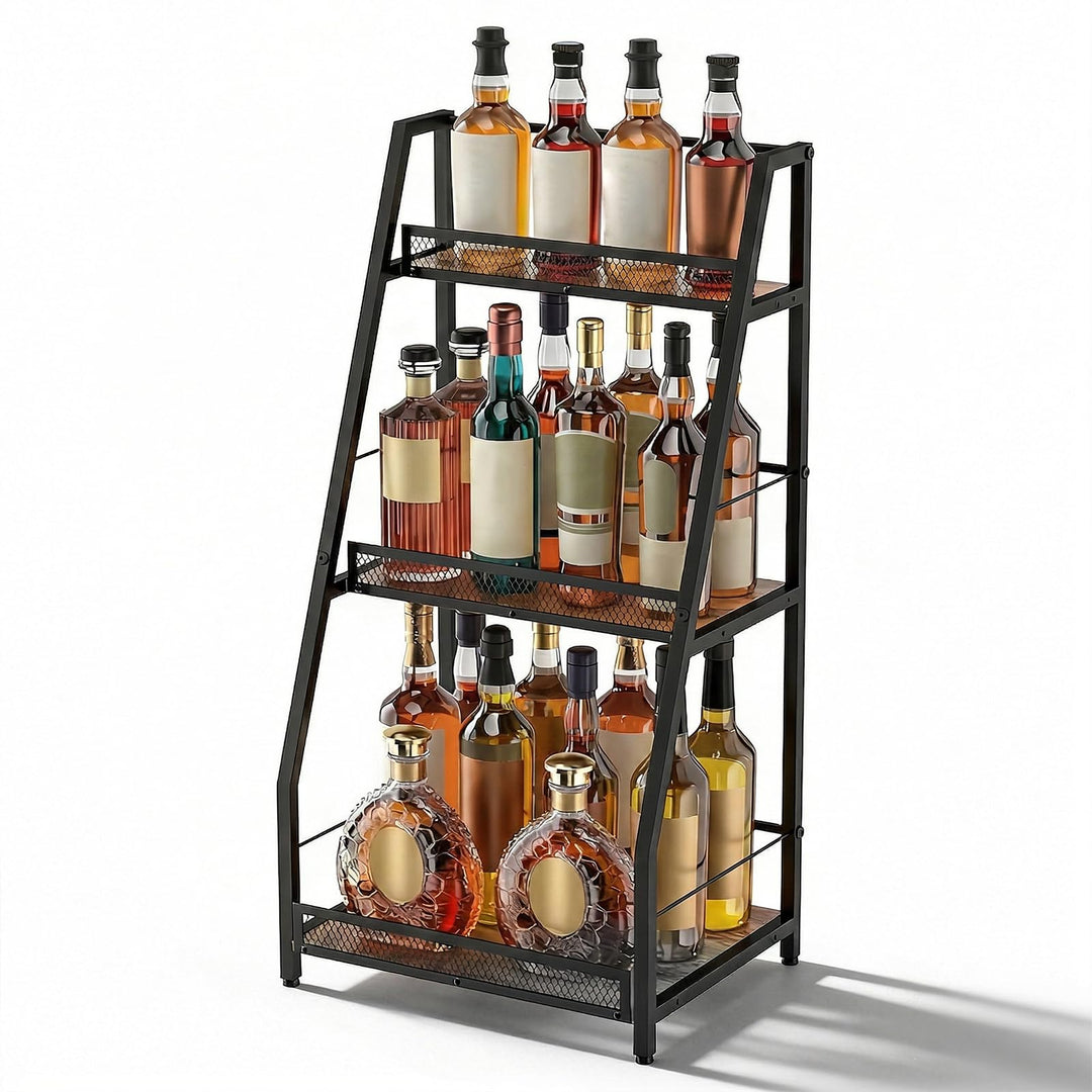 3-Tier Abgestufte Liquor Cabinet Mini Bar, Freistehendes Weinregal mit Geländer, Metall-Holz Flasche