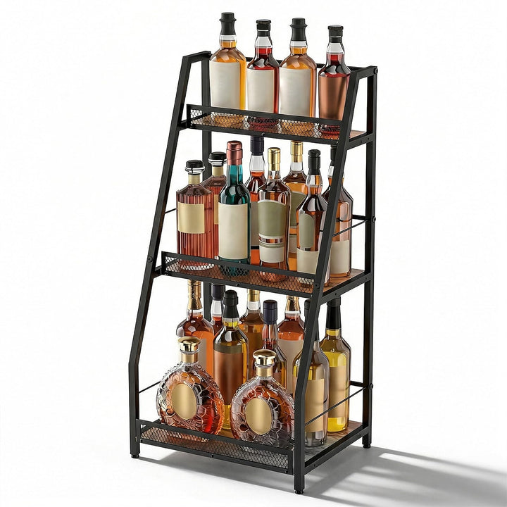3-Tier Abgestufte Liquor Cabinet Mini Bar, Freistehendes Weinregal mit Geländer, Metall-Holz Flasche