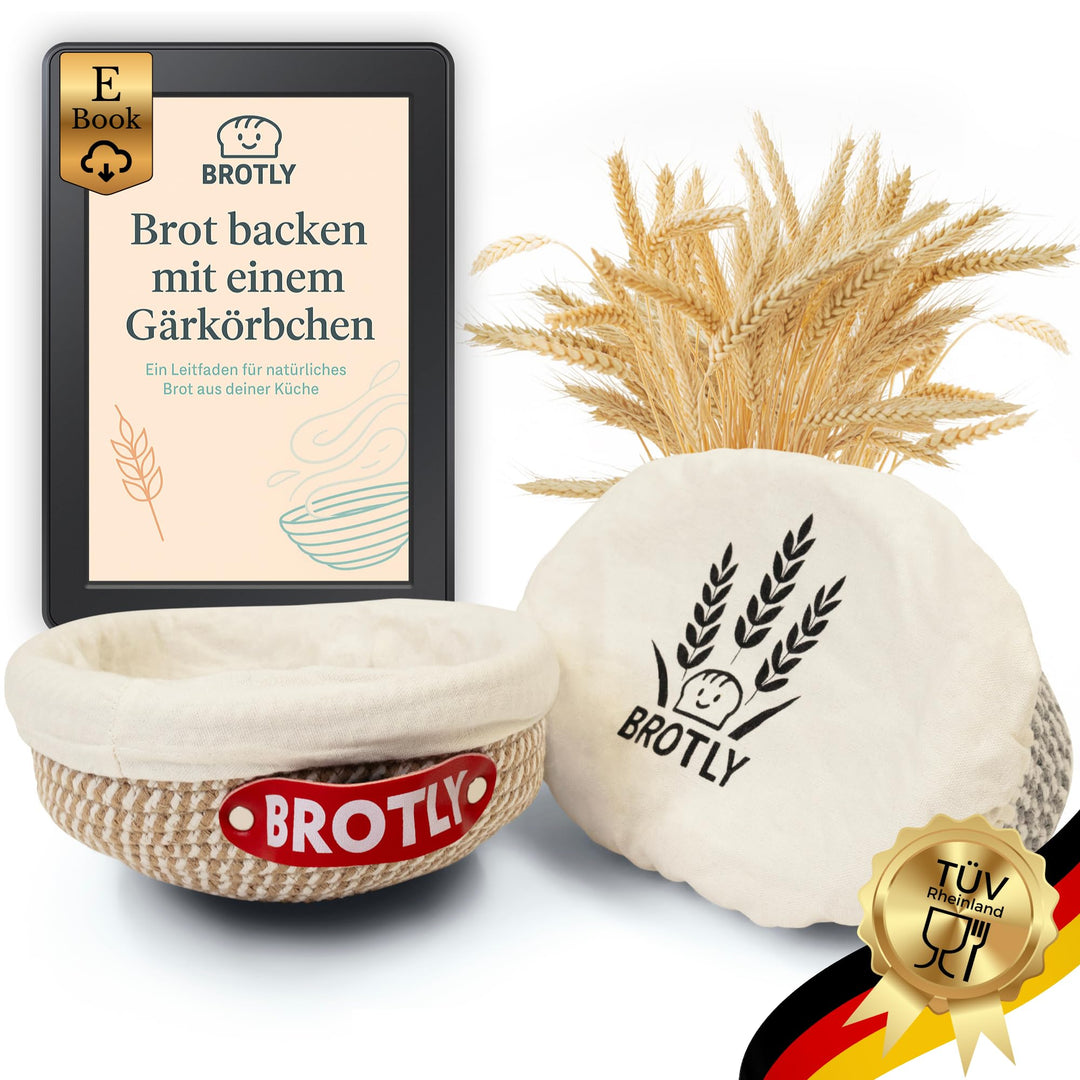 BROTLY - Gärkörbchen Set – Baumwolle rund & oval, lebensmittelecht TÜV geprüft, inkl. gratis Rezept