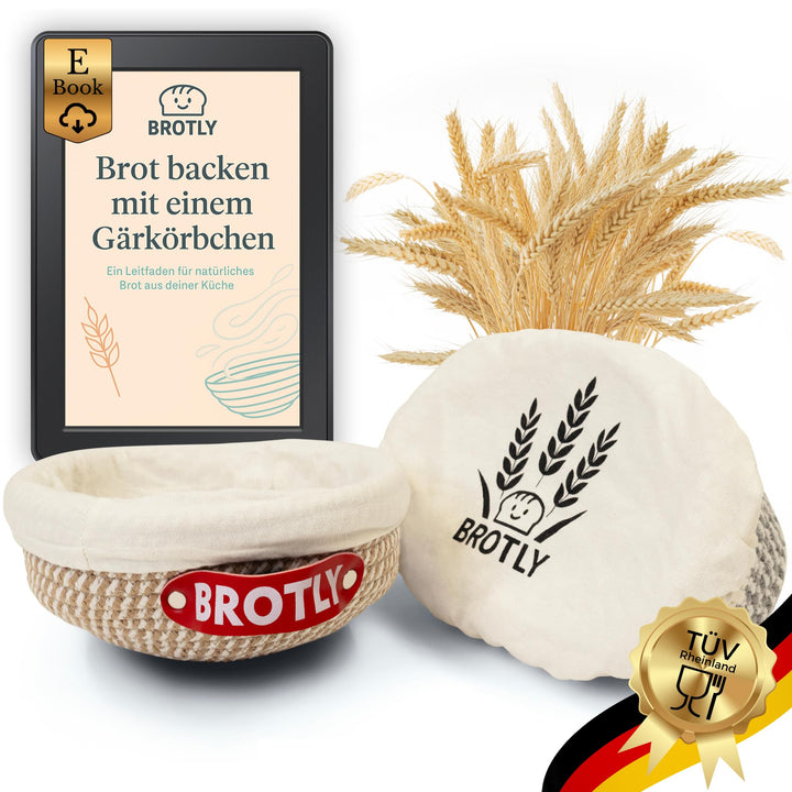 BROTLY - Gärkörbchen Set – Baumwolle rund & oval, lebensmittelecht TÜV geprüft, inkl. gratis Rezept