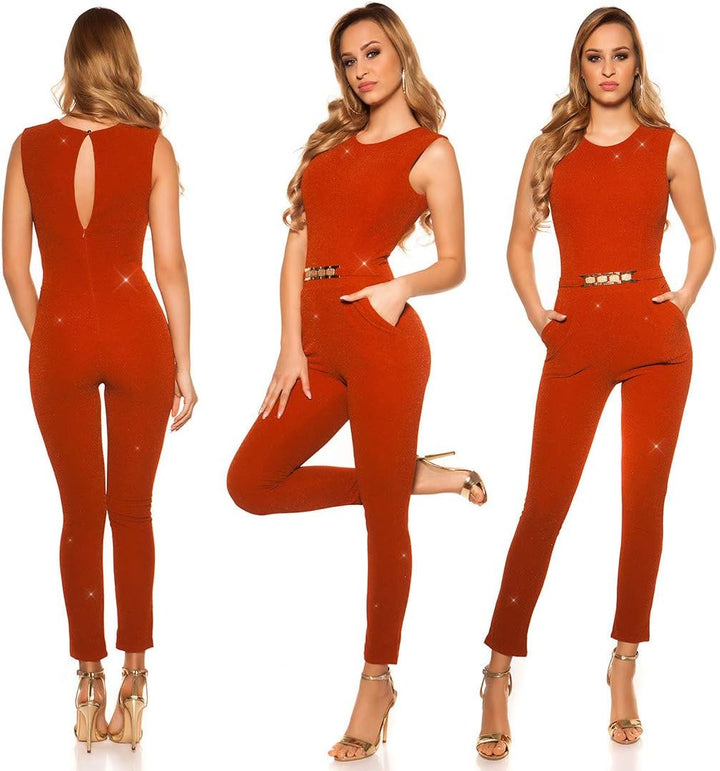 Koucla Damen Overall Jumpsuit Playsuit mit Schnalle Ocker (Glitzer) XXS