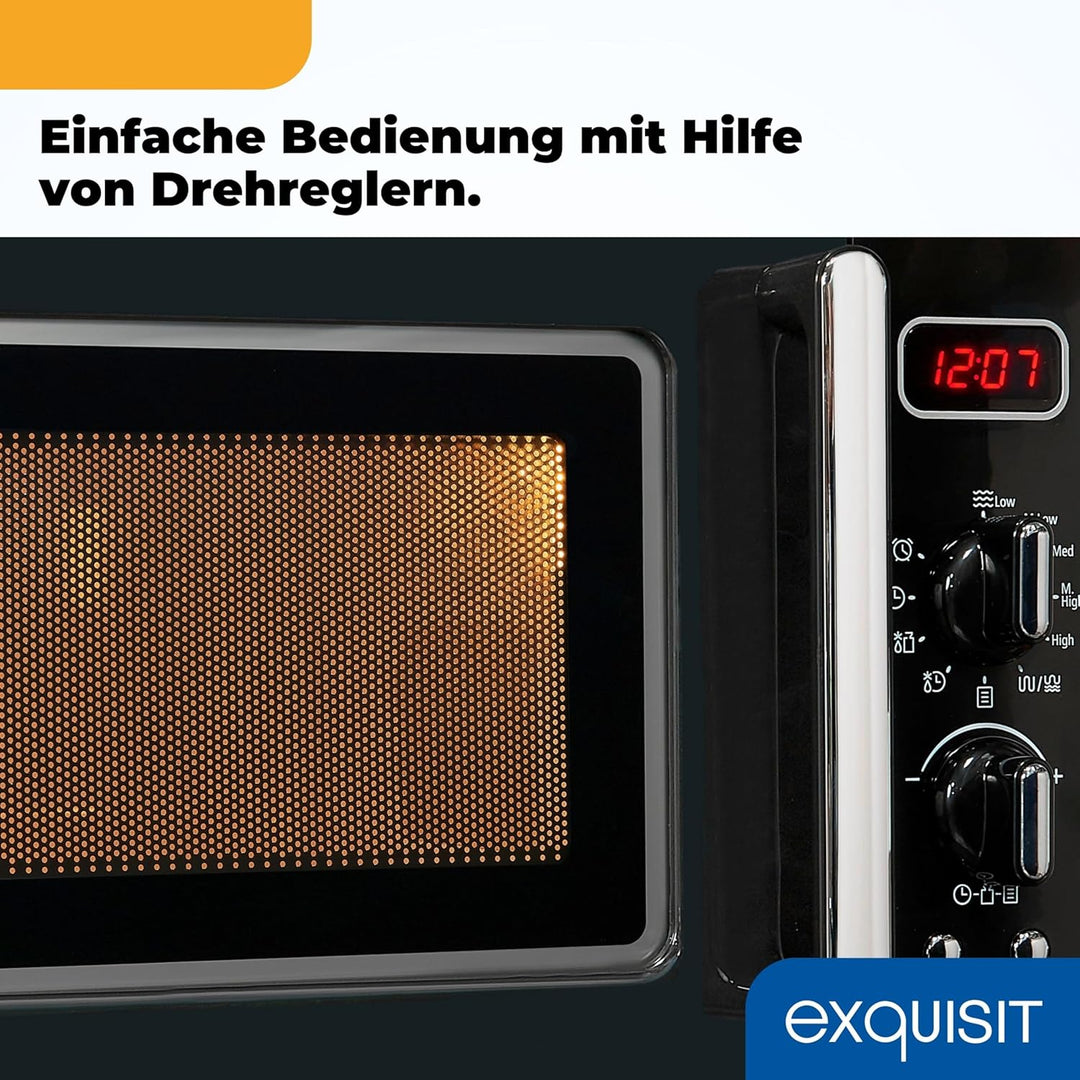 Exquisit Retro-Mikrowelle 700 Watt, 25,5 cm Drehteller, 1000 Watt Grill, 20L, 5 Leistungsstufen, Tim