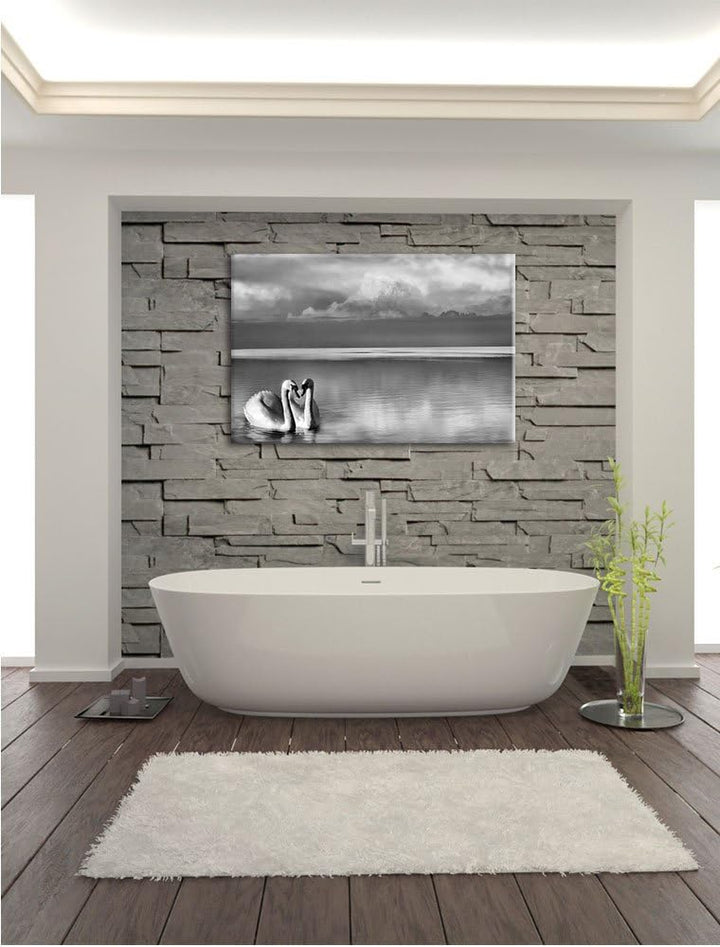 Pixxprint Schwäne in Abenddämmerung / 100x70cm Leinwandbild bespannt auf Holzrahmen/Wandbild Kunstdr