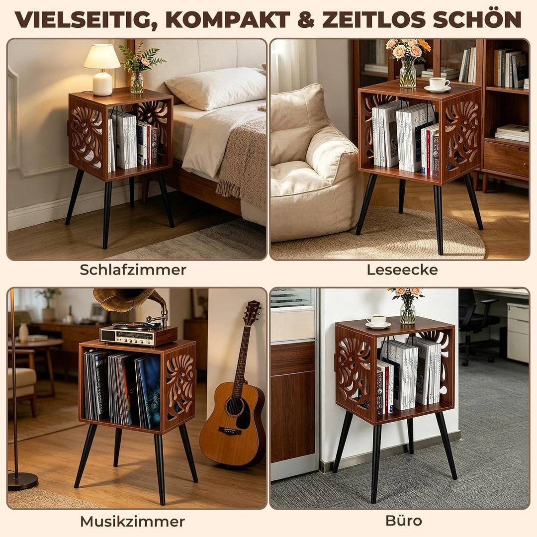 Plattenspieler-Ständer für 80 Alben LP Regal Holz Mid-Century Retro | Schallplattenregal mit Monster