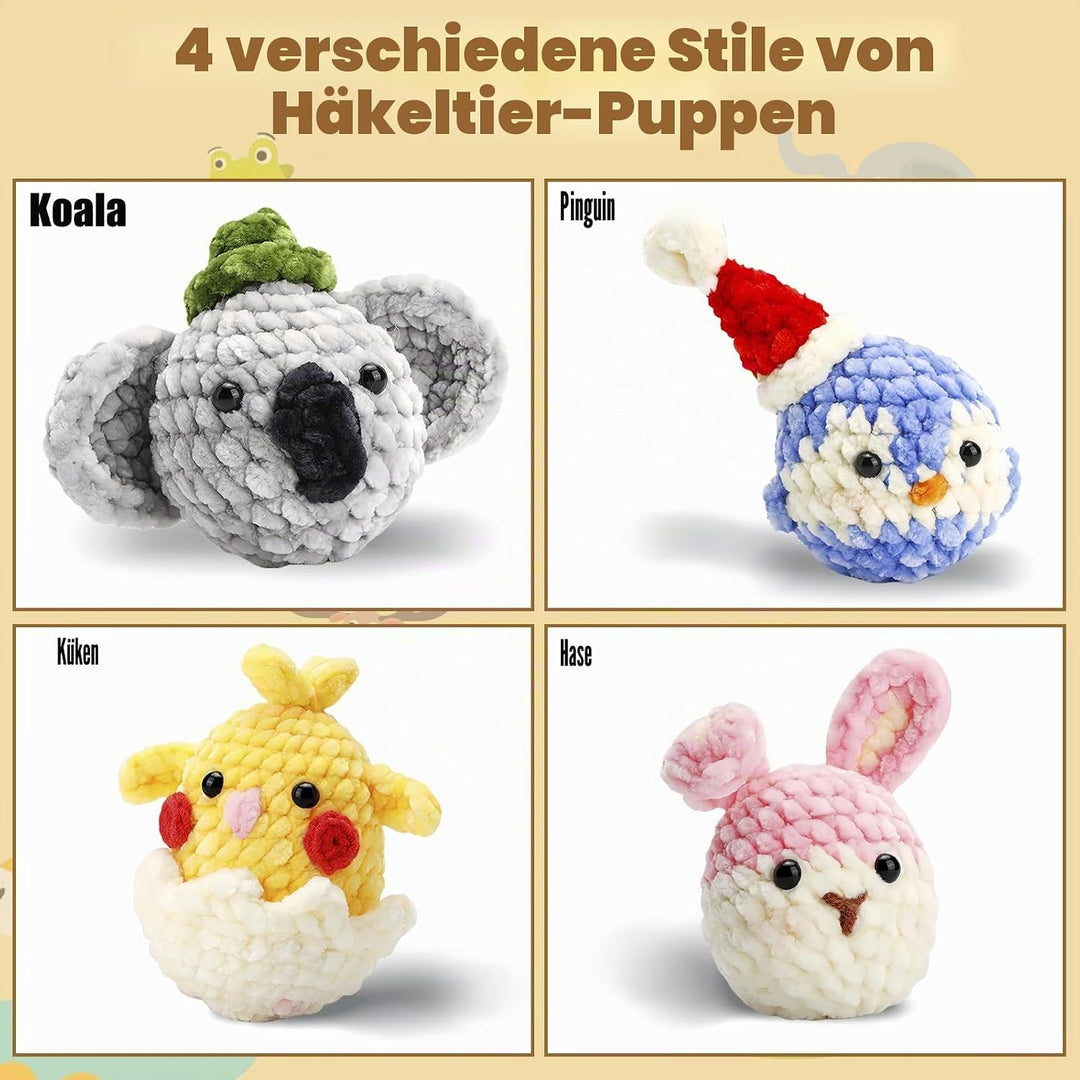 Welhammsae Häkelset für Anfänger, 4 Stück Tier Häckel Kit für Anfänger mit Garn, Häkelnadeln, Füllun