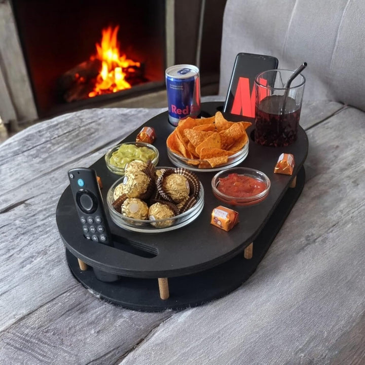 Couchbar Snackbox in schwarz mit 4 Glasschalen - Sofabar für Snacks und Getränke - Couchtabletts mit